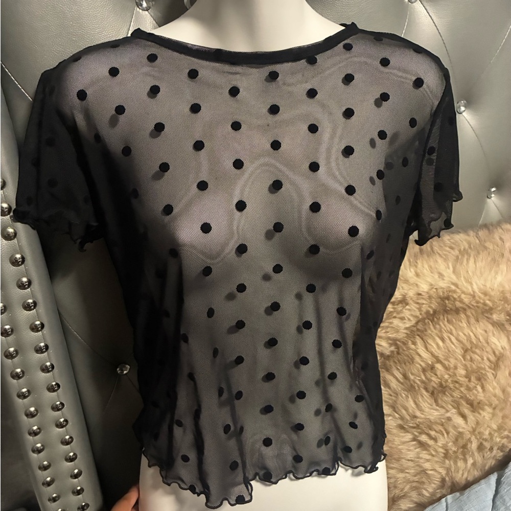 French Pastry Sheer Black Polka Dot Blouse size L